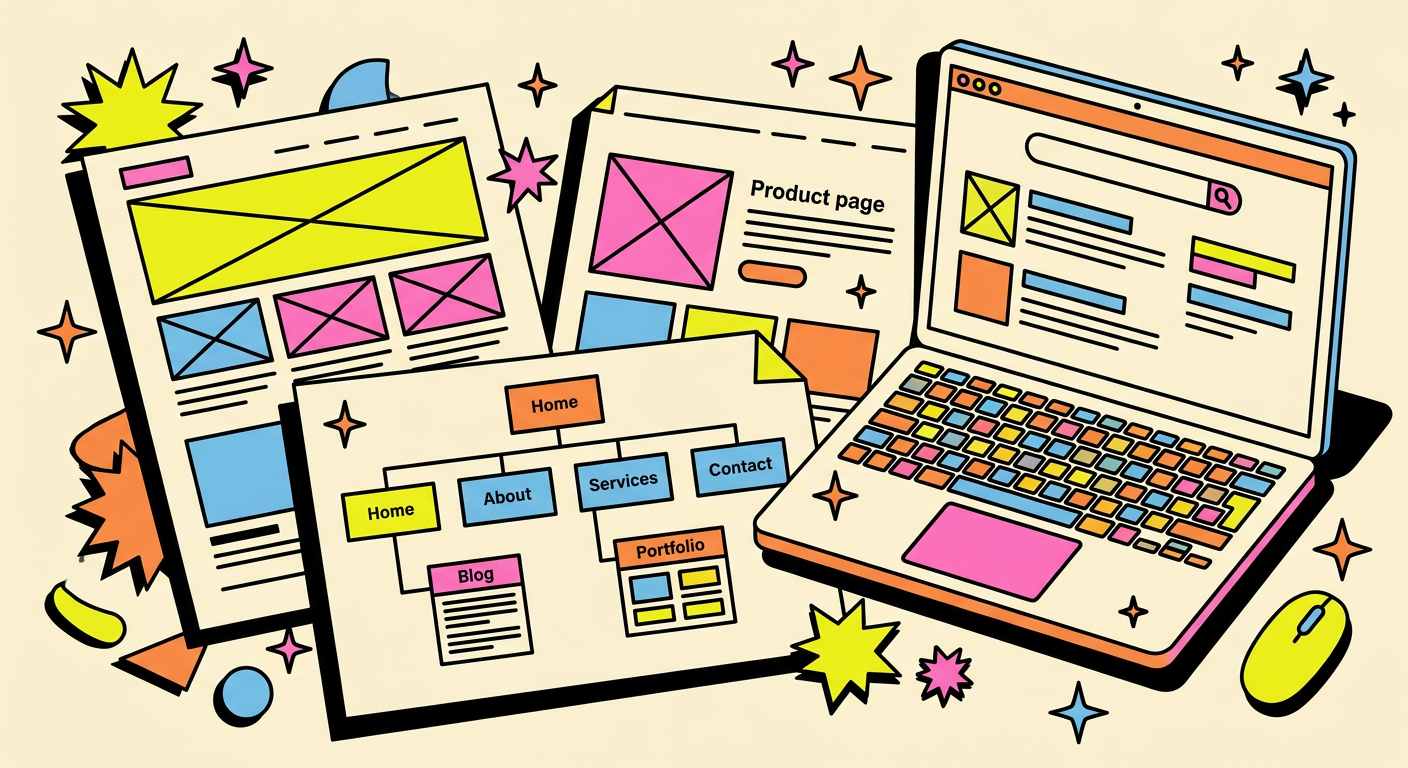 Wireframes and a site structure diagram on a desk next to a laptop showing a search results page