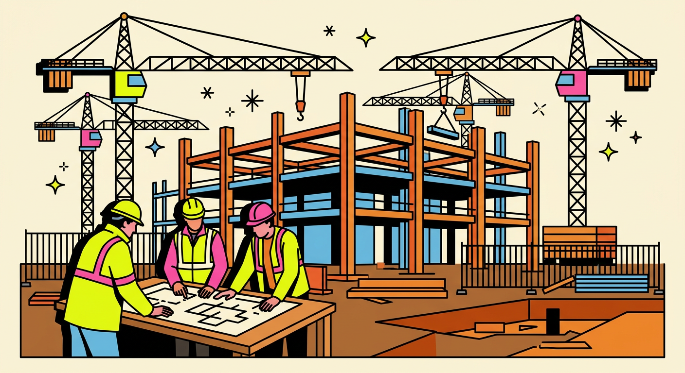 Tower cranes above a partially built steel-frame commercial building on a construction site